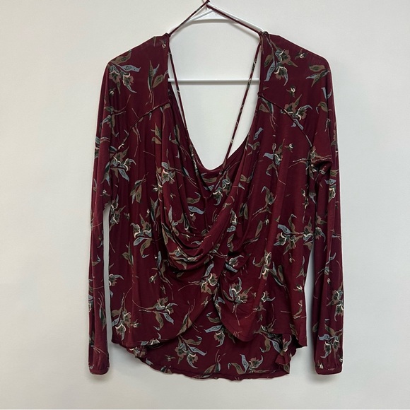 Free People Open Back Drape Blouse Top Burgundy Red Floral Bird Print Small - Picture 7 of 7